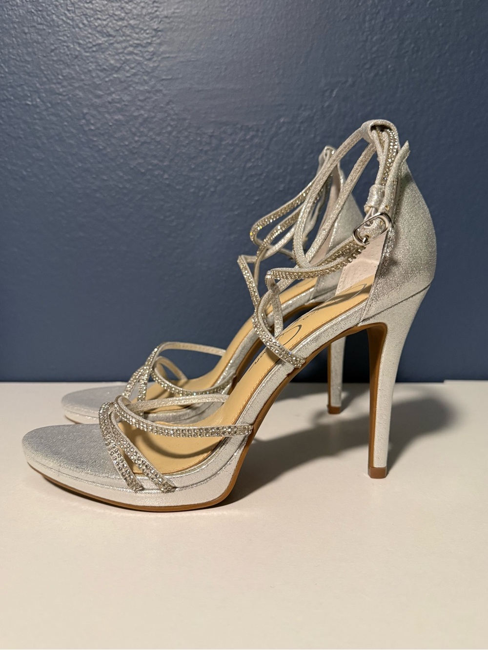 Jessica Simpson Jaeya Strappy Rhinestone Stiletto Heels Silver Platinum Size 8